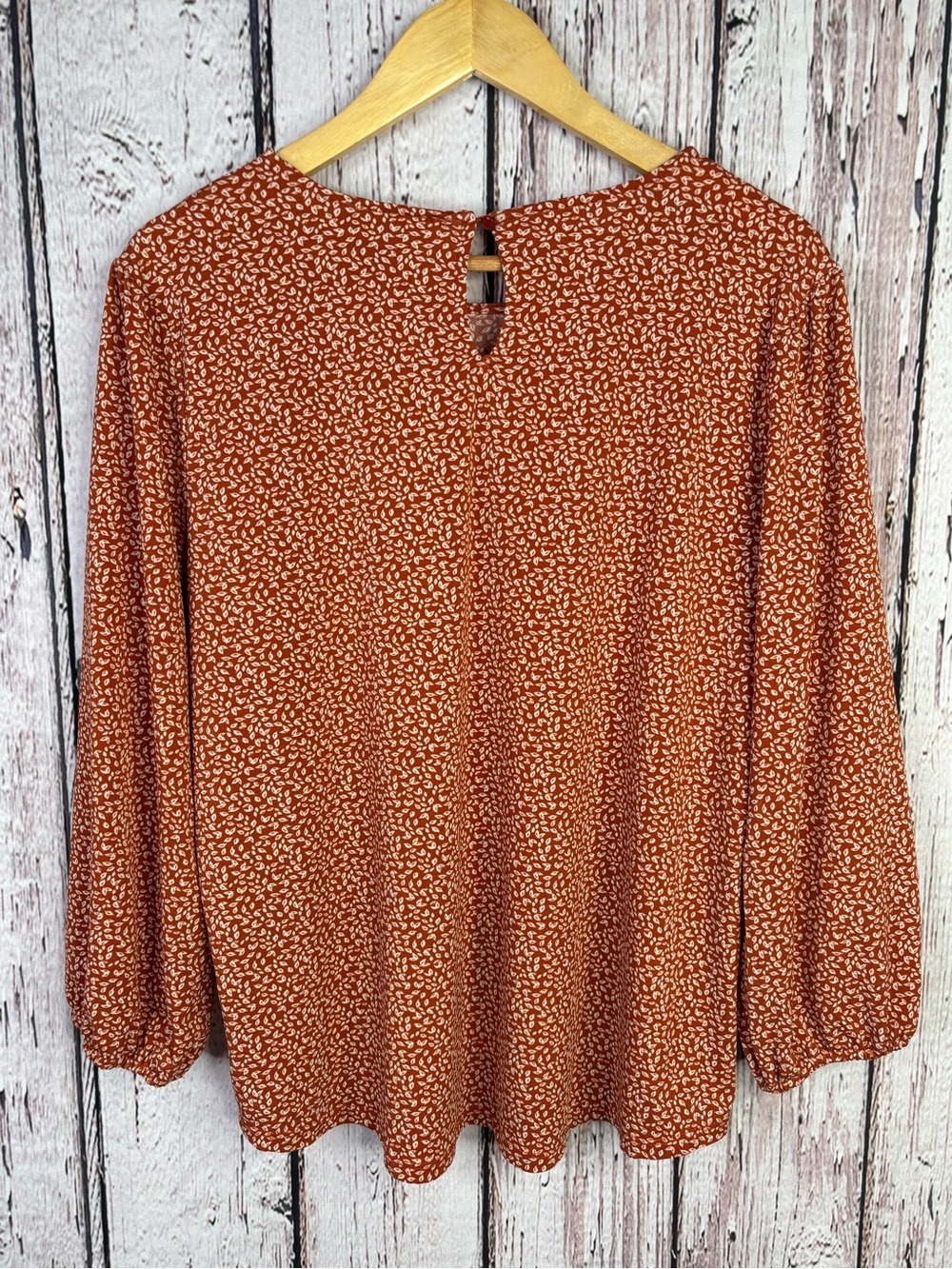 Adrianna Papell Women’s XL Rust Orange Blouse Leaf Print 3/4 Sleeves Shirred Top - Picture 8 of 14